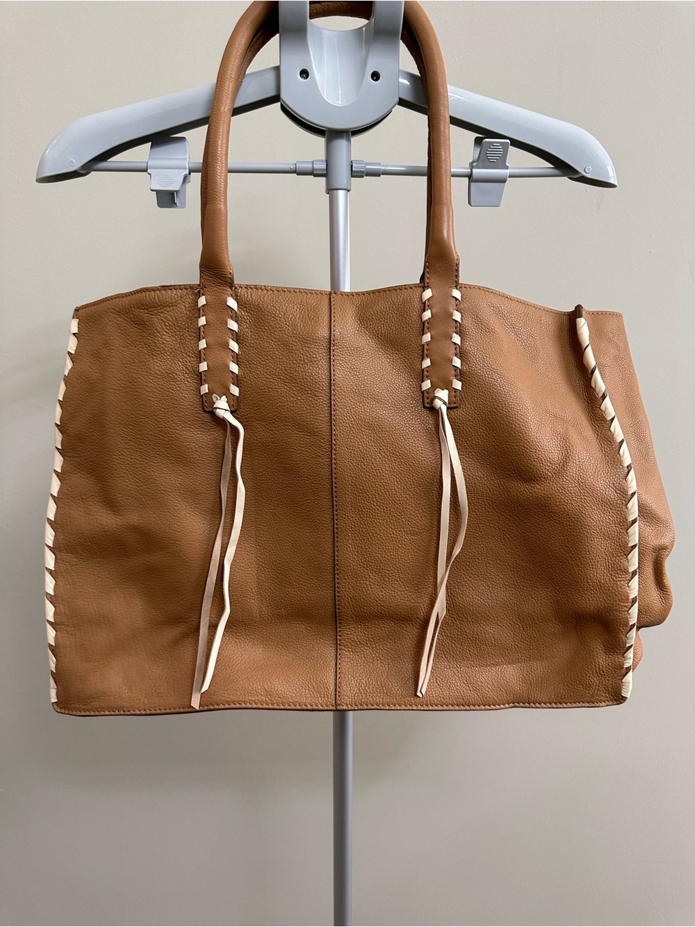 Lucky Brand Cognac Leather Tote with Cream Whipstitch